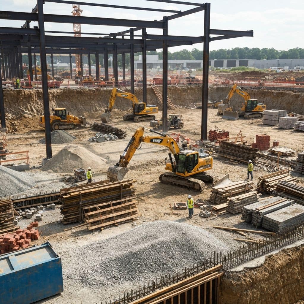 Steel frame, excavators and stacked materials at an active construction site