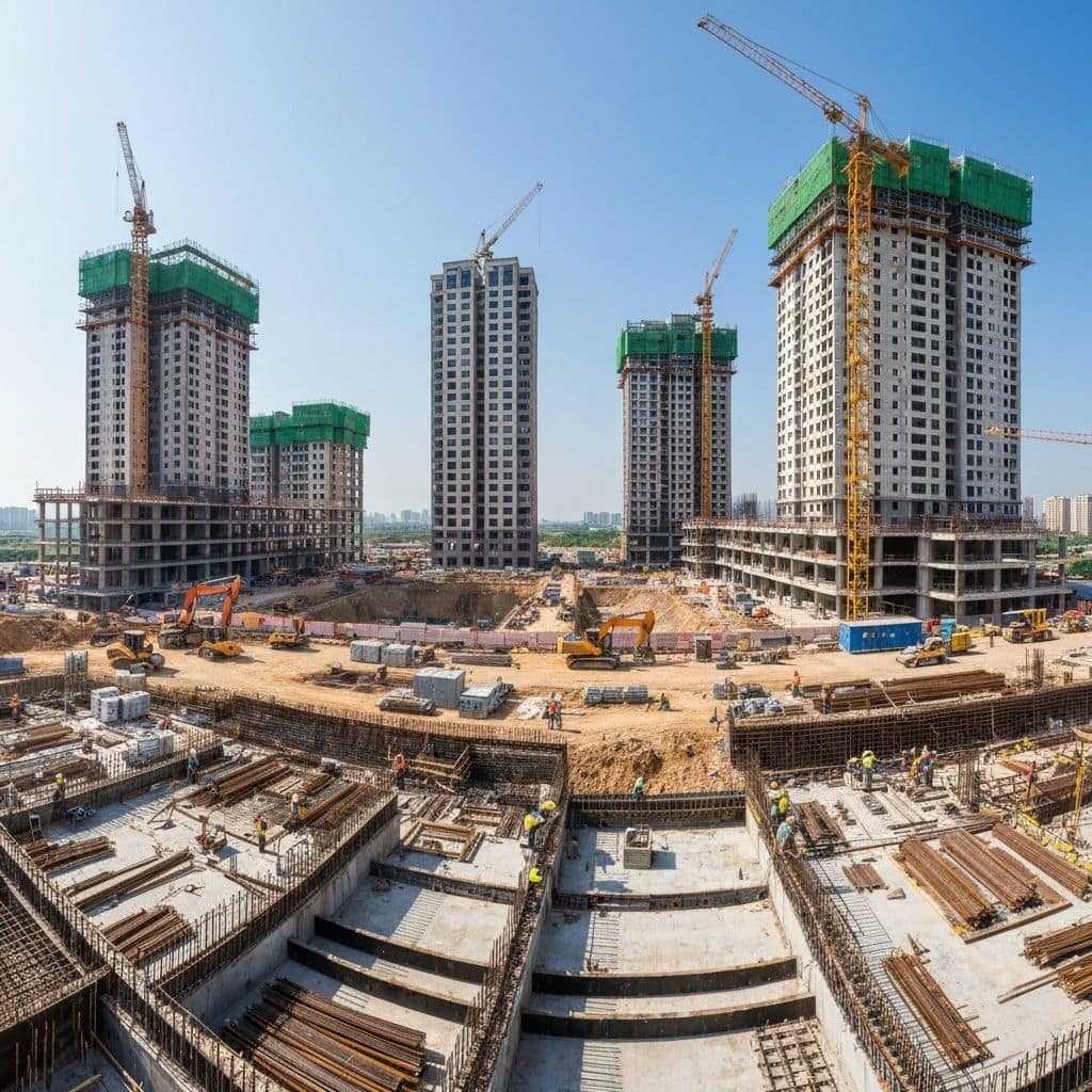 High-rise residential towers under construction with tower cranes and a foundation excavation in the foreground